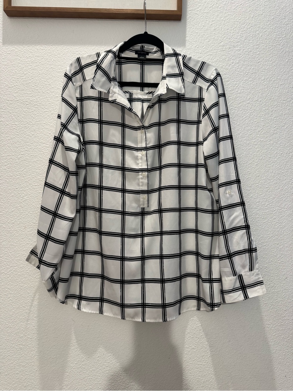 Ann Taylor plaid blouse w/ check pattern & convenient roll-tab sleeves